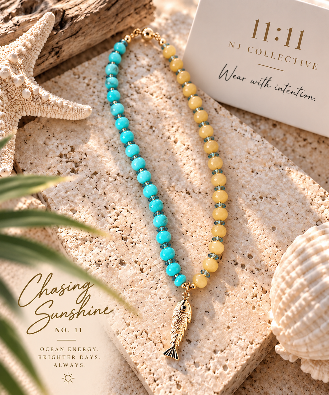 Chasing Sunshine No. 11 | Turquoise & Yellow Jade Beaded Fish Charm Necklace ☀️🌊🐟