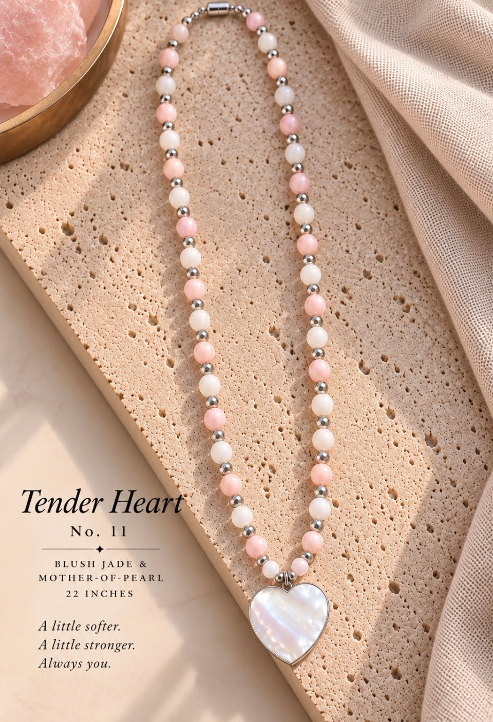 Tender Heart No. 11 | Blush Jade & Mother-of-Pearl Heart Necklace