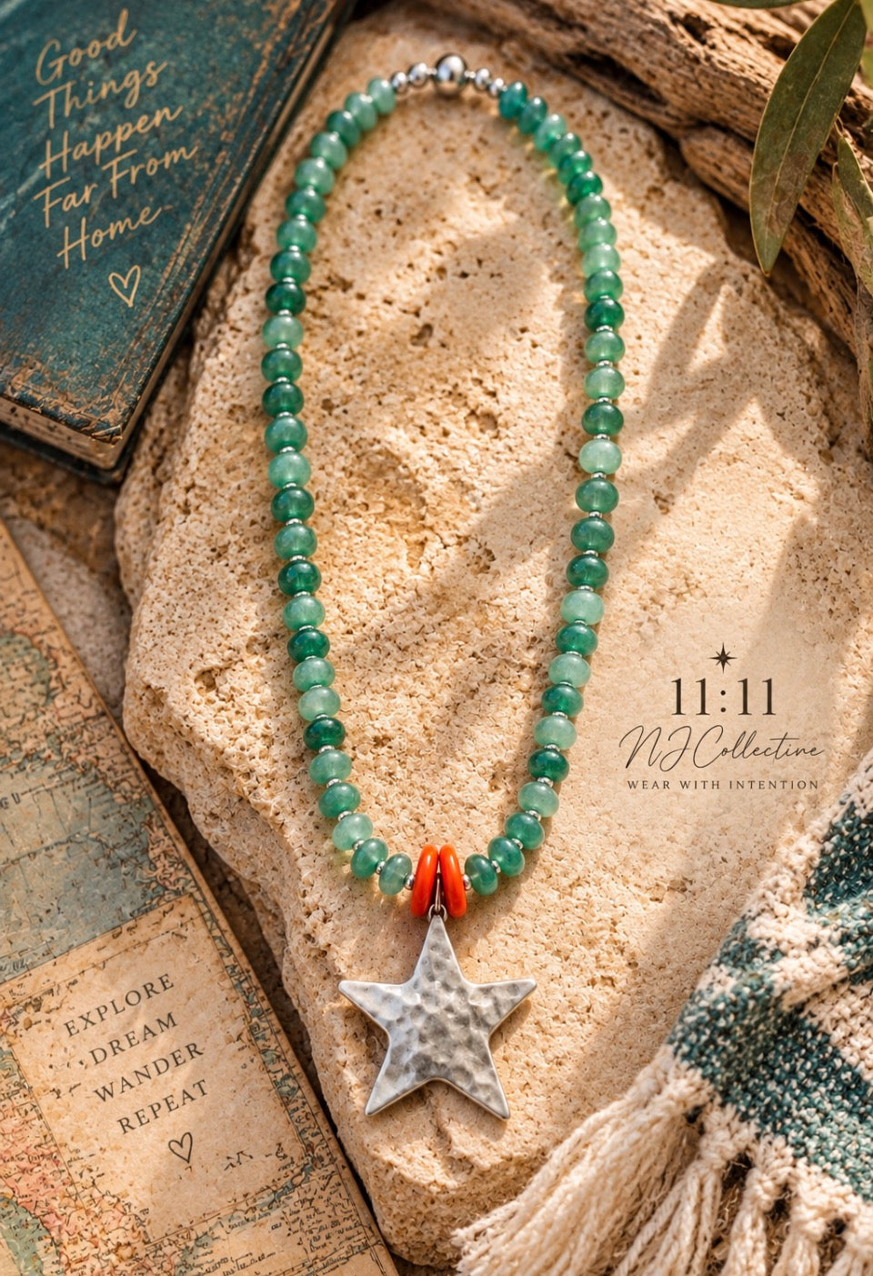 Wanderlust No. 11 | Green Aventurine, Bamboo Coral & Hammered Star Necklace
