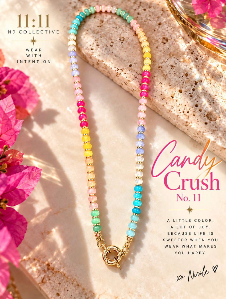 Candy Crush No. 11 | Colorful Rondelle Beaded Necklace with Gold Accents