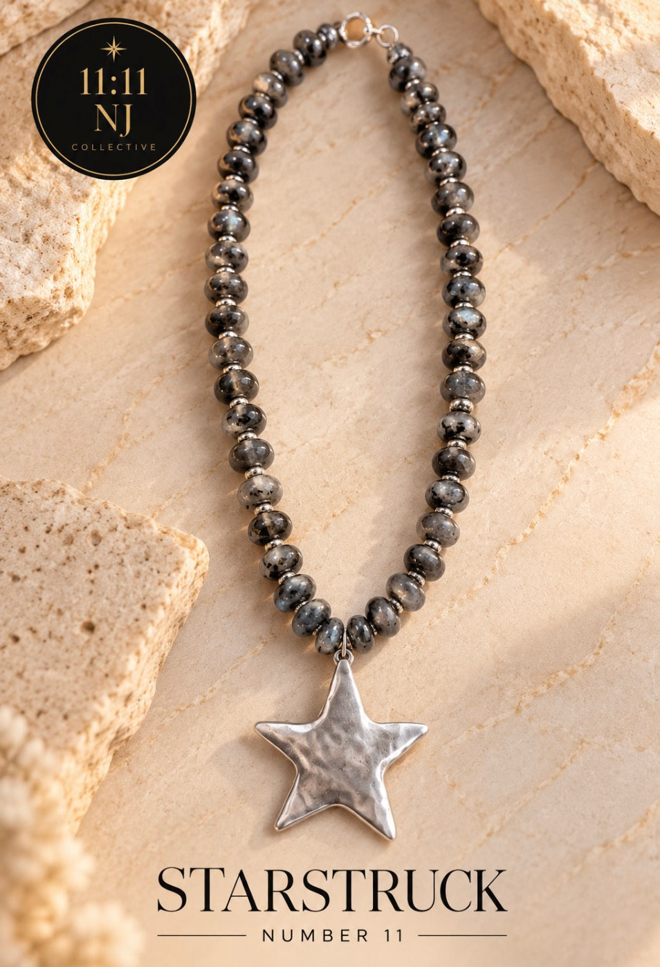 Starstruck No. 11 | Natural Labradorite & Hammered Pewter Star Necklace
