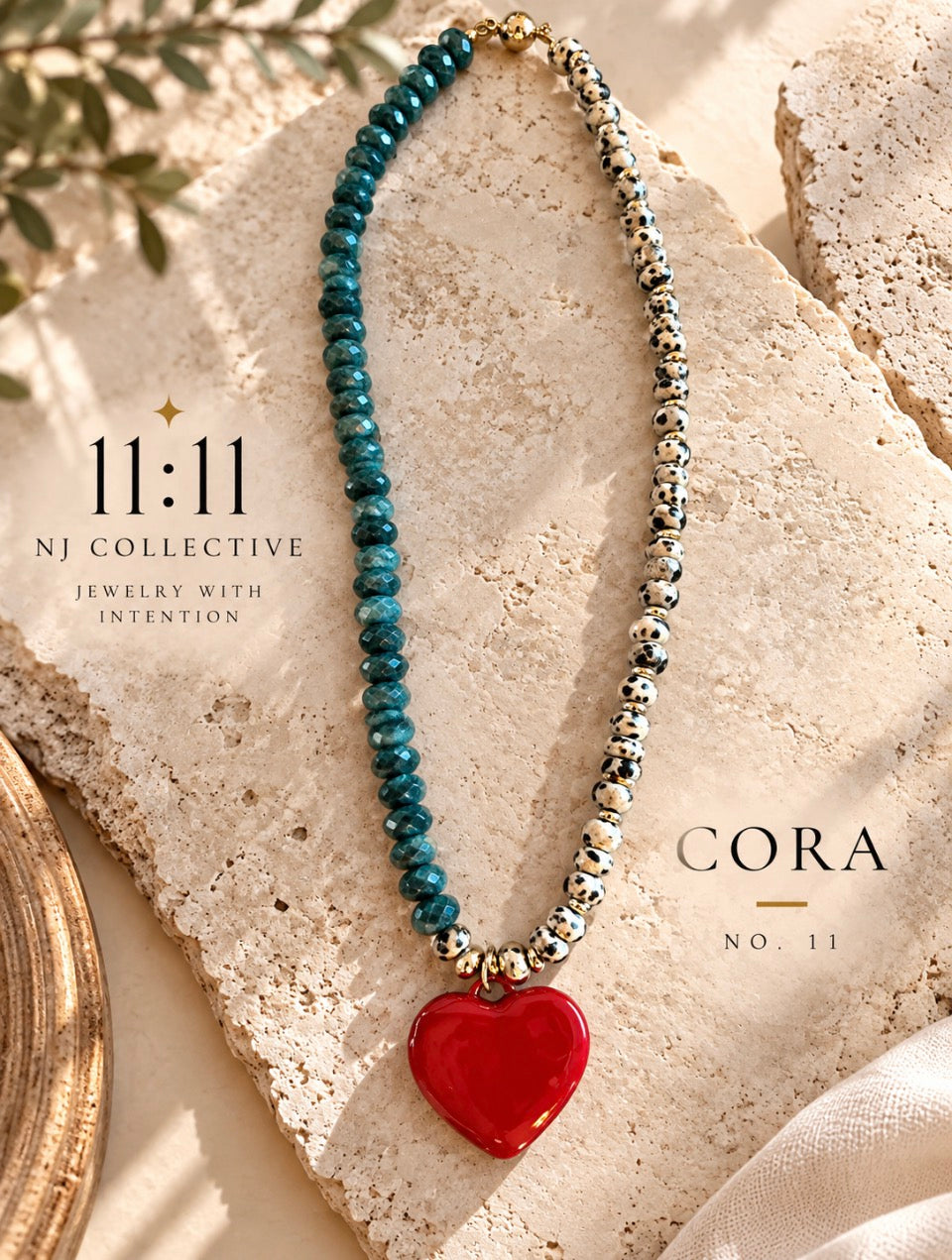 Cora No. 11 | Green Jasper + Dalmatian Jasper Heart Necklace