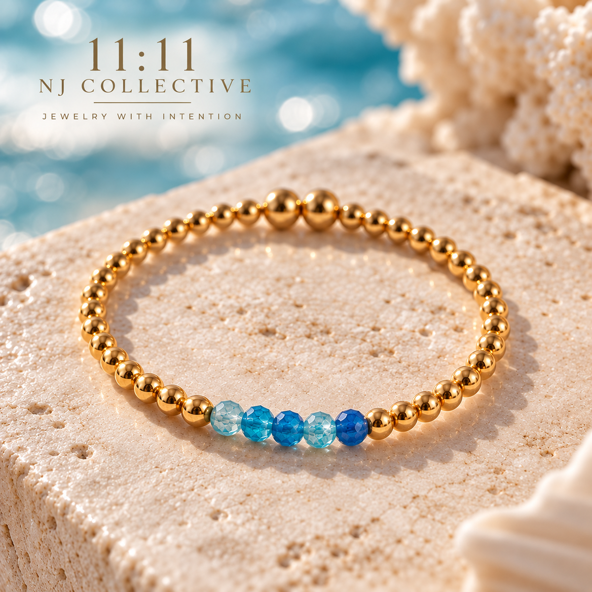 Peaceful Waters | Genuine Faceted Blue Zircon & Gold Beaded Bracelet